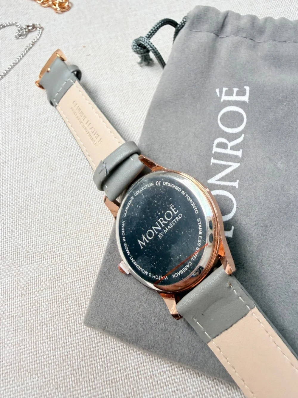 Ladies Monroe by Maestro Rose Gold Tone Gray Genuine Leather Watch New